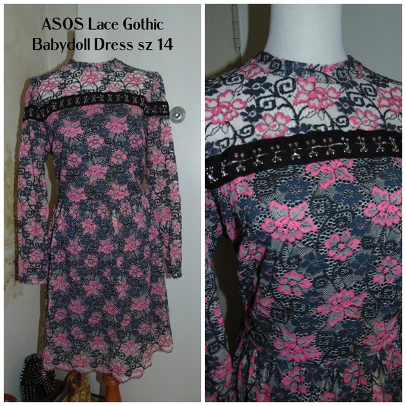 ASOS Gothic Pink & Black Lace Floral Y2K Layered Scalloped Eye & Hook Dress 14 - Picture 1 of 11